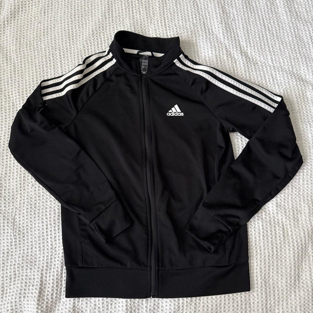 Adidas Black and White zippered track jacket with Signature Stripes